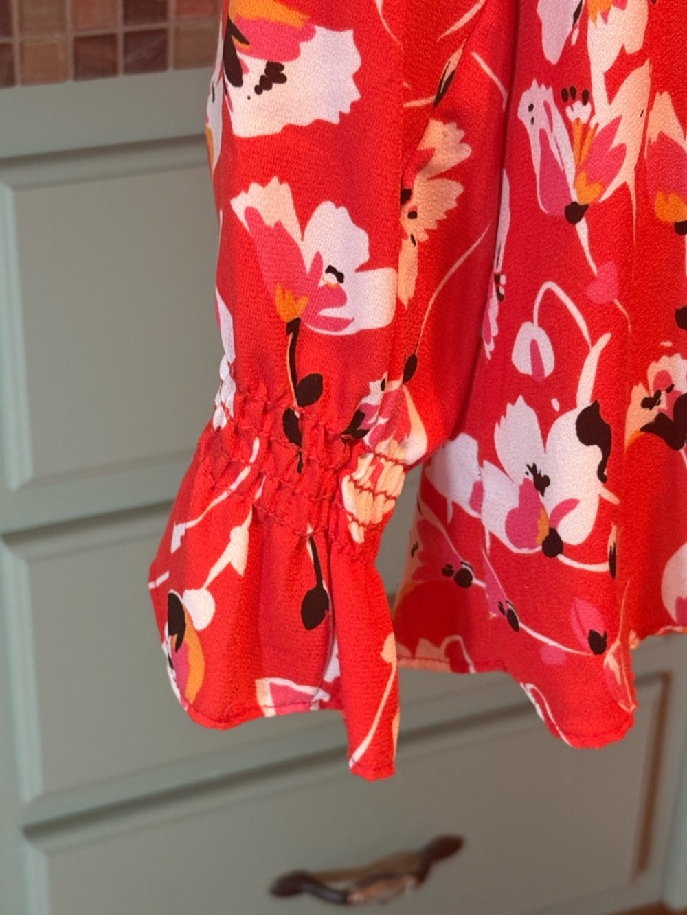 Bright Red Floral Tie-Neck Blouse - Picture 2 of 6